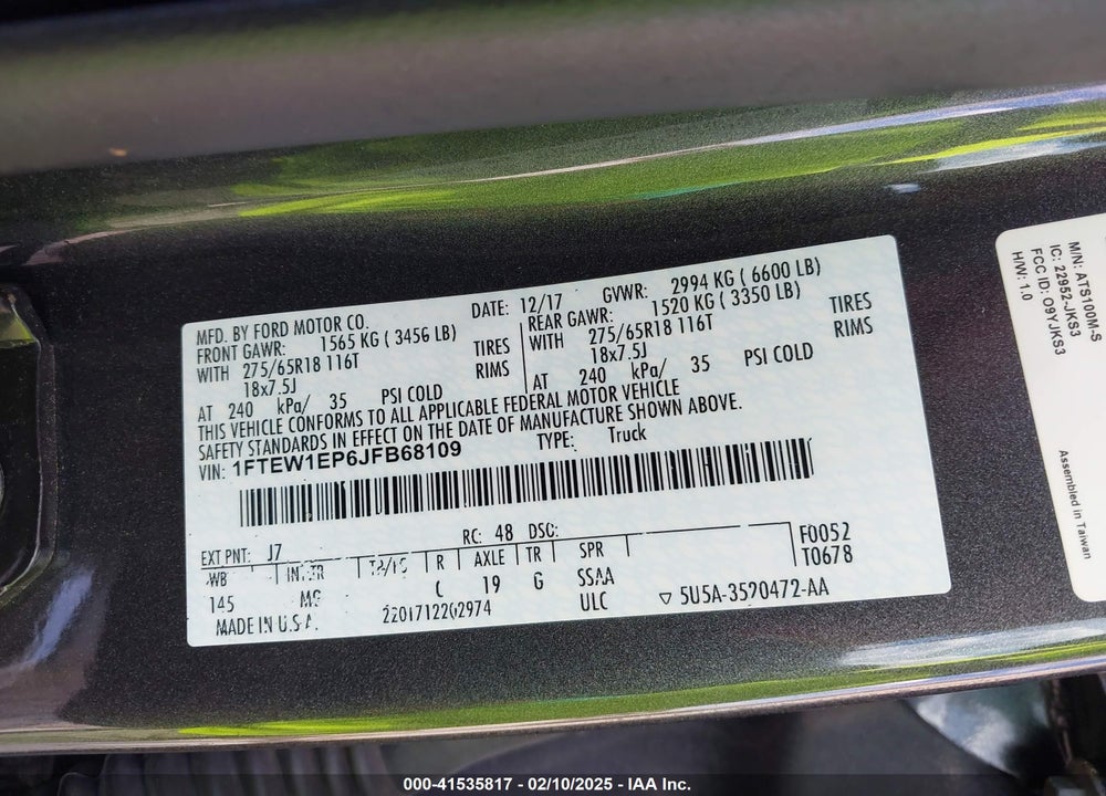 2018 FORD F-150 XLT VIN: 1FTEW1EP6JFB68109