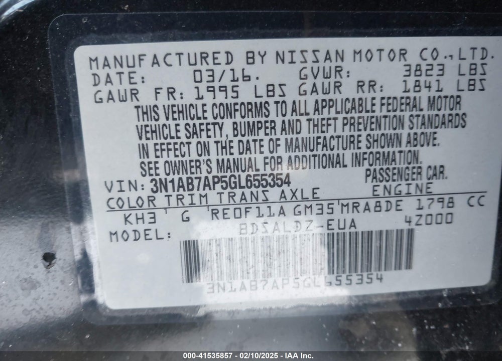 2016 NISSAN SENTRA VIN: 3N1AB7AP5GL655354