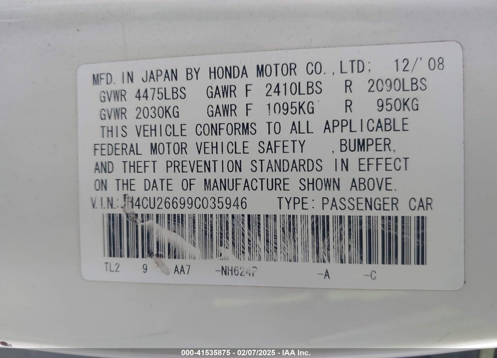 2009 ACURA TSX VIN: JH4CU26699C035946