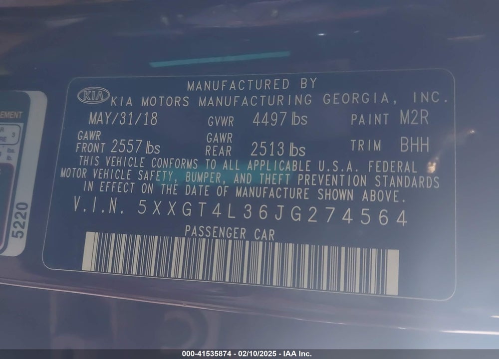 2018 KIA OPTIMA LX VIN: 5XXGT4L36JG274564