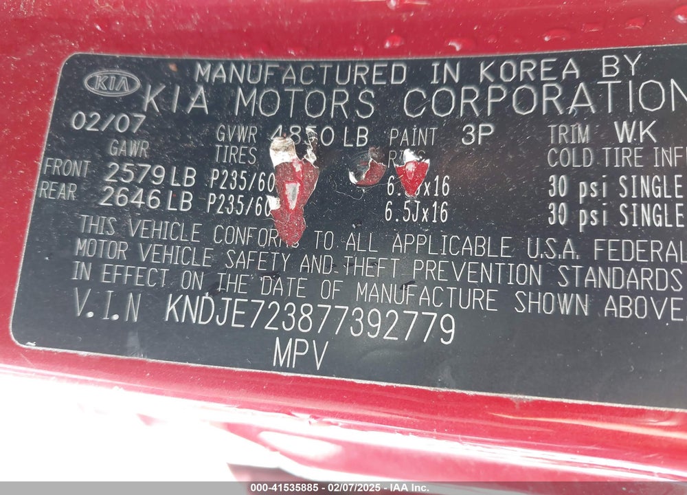 2007 KIA SPORTAGE LX V6 VIN: KNDJE723877392779