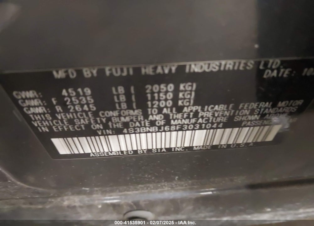 2015 SUBARU LEGACY VIN: 4S3BNBJ68F3031044