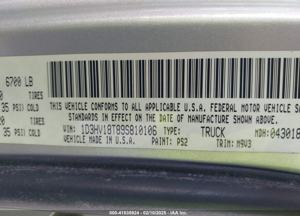 2009 DODGE RAM 1500 VIN: 1D3HV18T89S810106