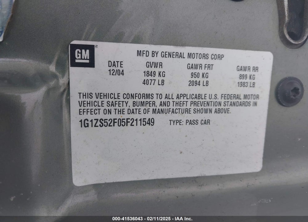 2005 CHEVROLET MALIBU VIN: 1G1ZS52F05F211549