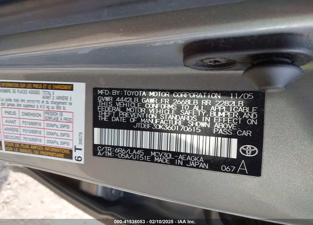 2006 TOYOTA CAMRY XLE V6 VIN: JTDBF30K360170615