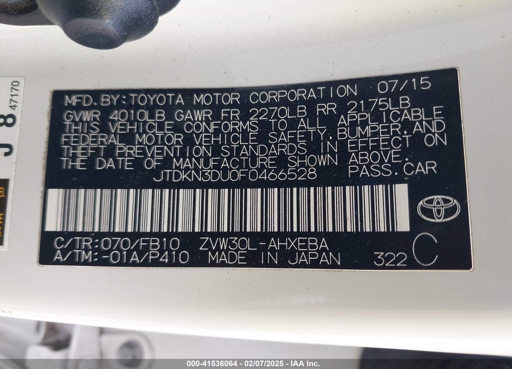 2015 TOYOTA PRIUS VIN: JTDKN3DU0F0466528