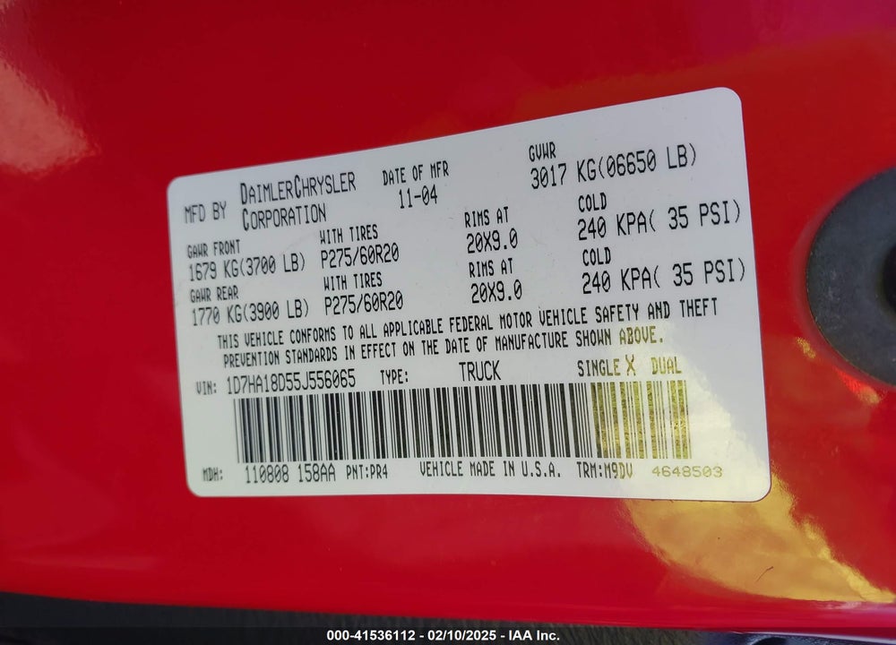 2005 DODGE RAM 1500 SLT/LARAMIE VIN: 1D7HA18D55J556065