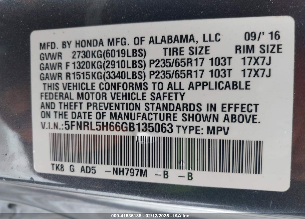 2016 HONDA ODYSSEY EX-L VIN: 5FNRL5H66GB135063