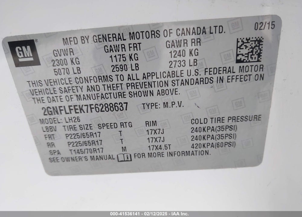 2015 CHEVROLET EQUINOX 1LT VIN: 2GNFLFEK7F6288637