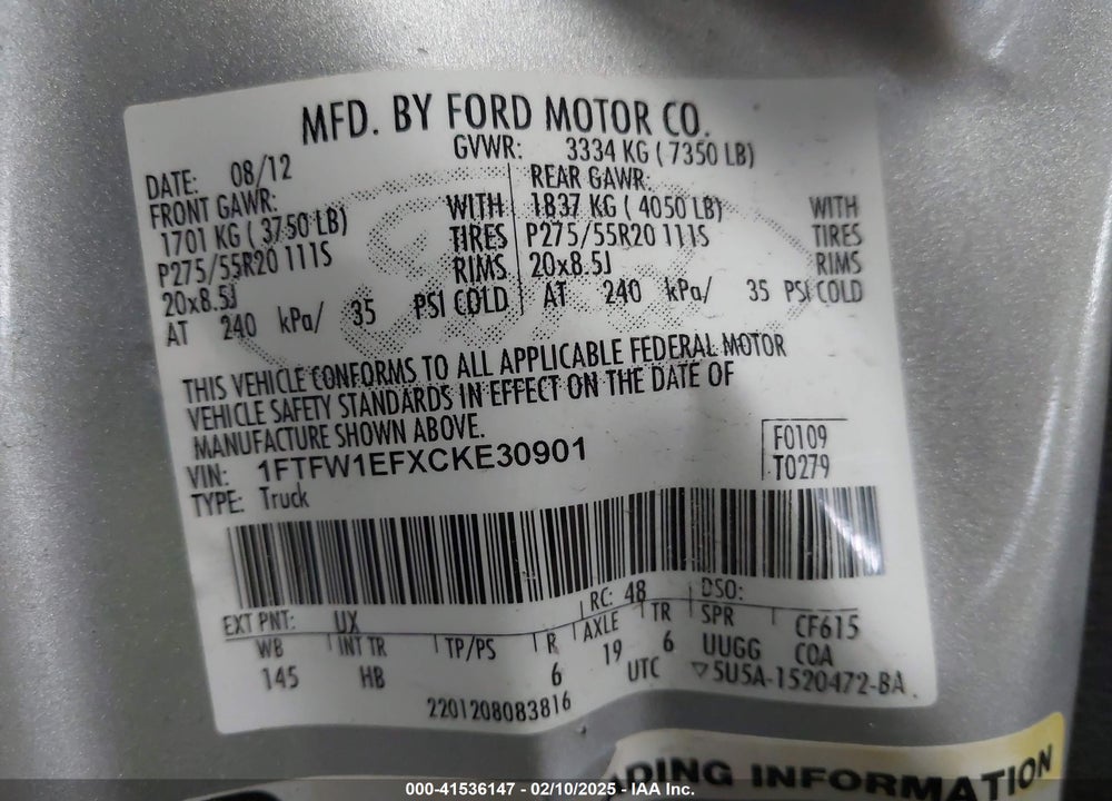 2012 FORD F150 VIN: 1FTFW1EFXCKE30901