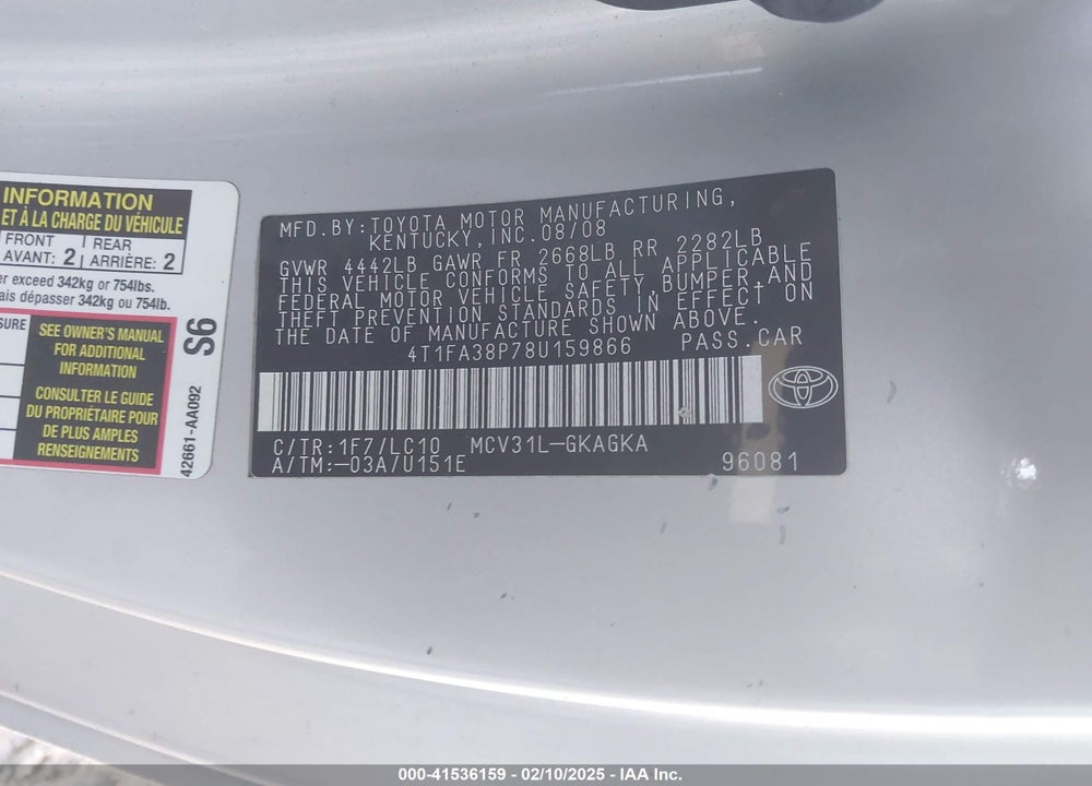 2008 TOYOTA CAMRY SOLARA VIN: 4T1FA38P78U159866