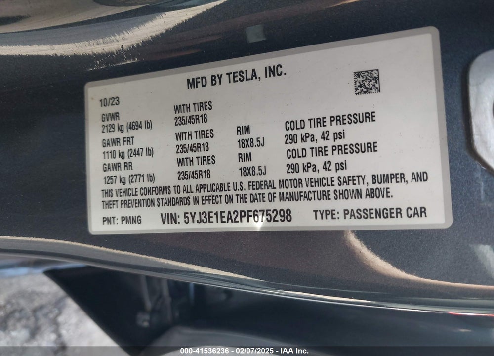 2023 TESLA MODEL 3 VIN: 5YJ3E1EA2PF675298