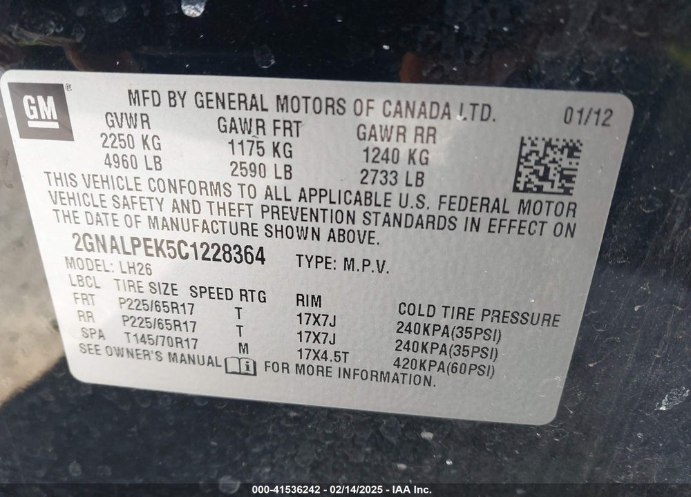 2012 CHEVROLET EQUINOX 2LT VIN: 2GNALPEK5C1228364