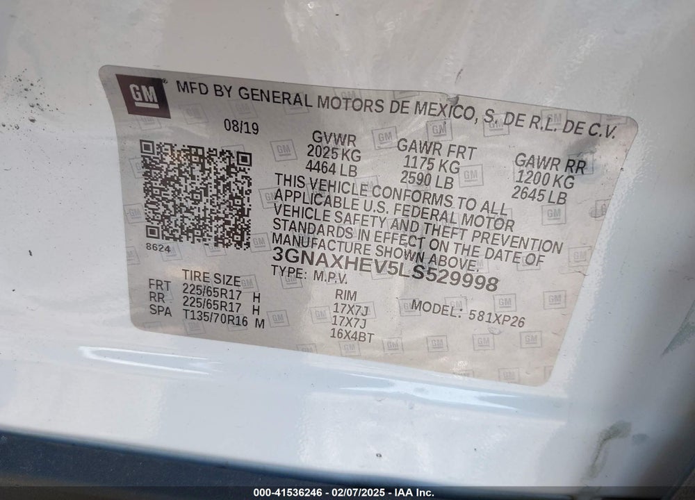 2020 CHEVROLET EQUINOX FWD LS VIN: 3GNAXHEV5LS529998