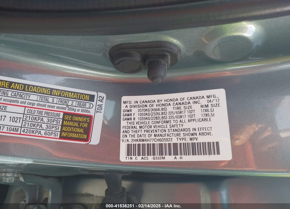 2012 HONDA CR-V EX-L VIN: 2HKRM4H77CH605922
