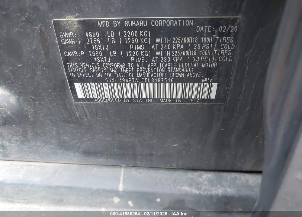 2020 SUBARU OUTBACK VIN: 4S4BTALC5L3197516