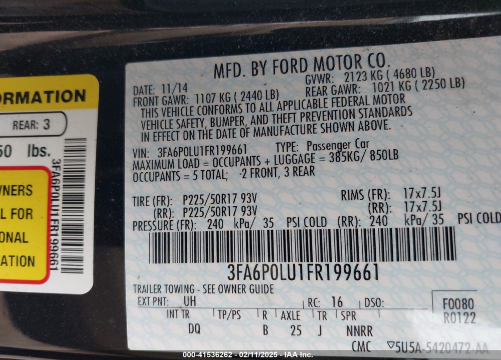 2015 FORD FUSION HYBRID SE VIN: 3FA6P0LU1FR199661