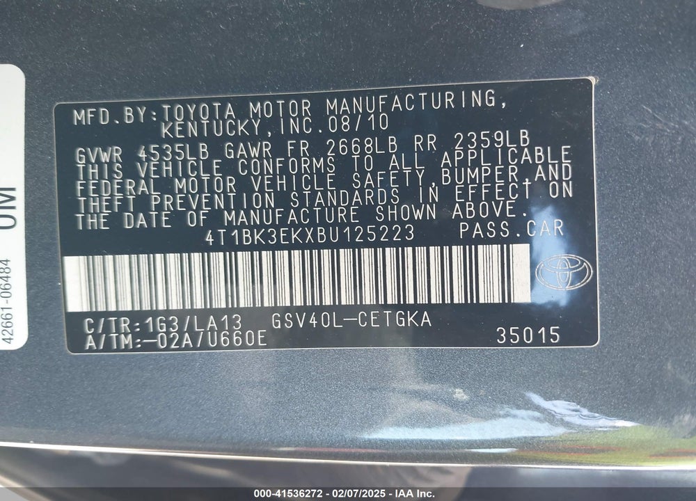 2011 TOYOTA CAMRY XLE V6 VIN: 4T1BK3EKXBU125223