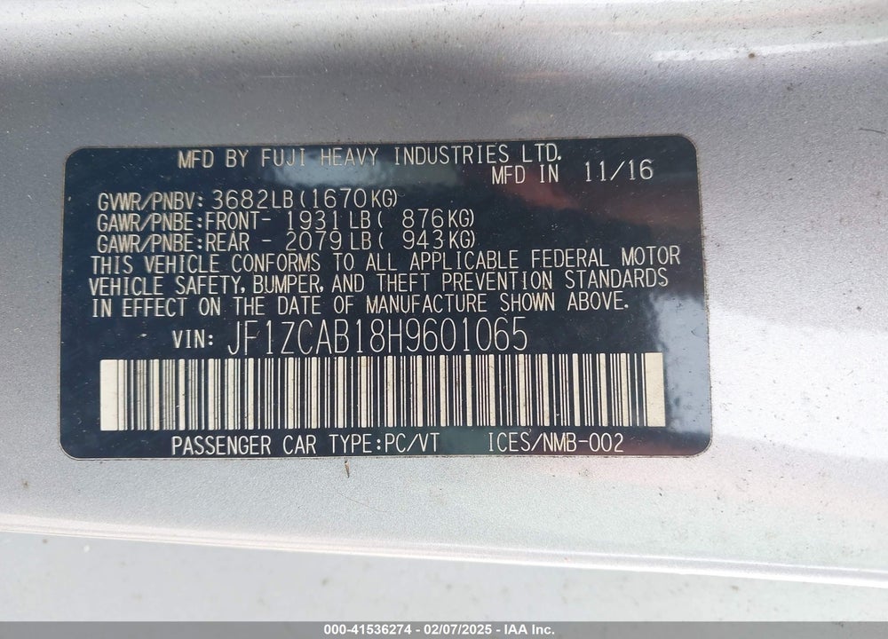 2017 SUBARU BRZ PREMIUM VIN: JF1ZCAB18H9601065