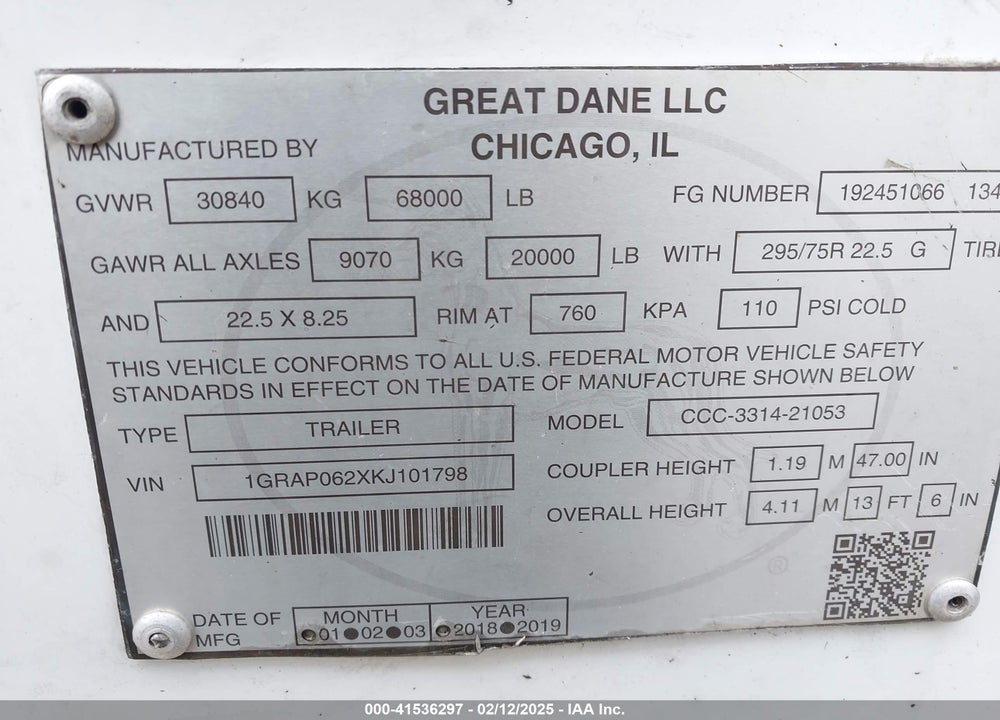 2019 GREAT DANE TRAILERS --- VIN: 1GRAP062XKJ101798