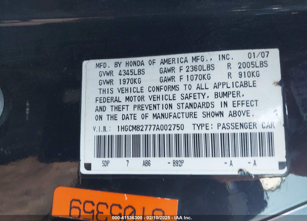 2007 HONDA ACCORD 3.0 EX VIN: 1HGCM82777A002750