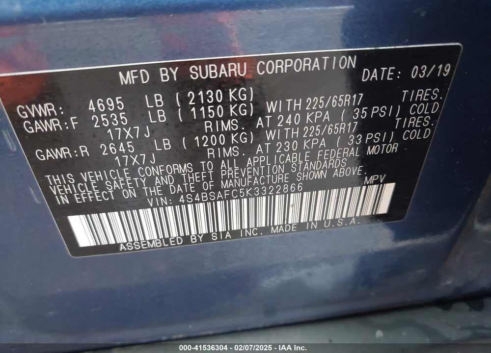 2019 SUBARU OUTBACK 2.5I PREMIUM VIN: 4S4BSAFC5K3322866