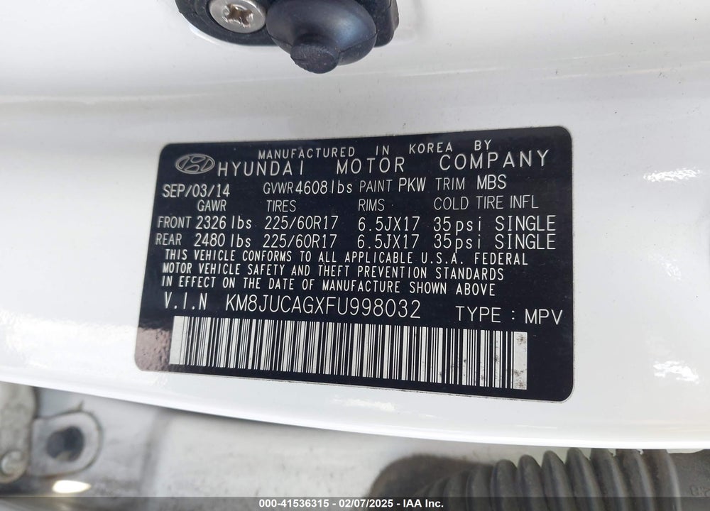 2015 HYUNDAI TUCSON SE VIN: KM8JUCAGXFU998032