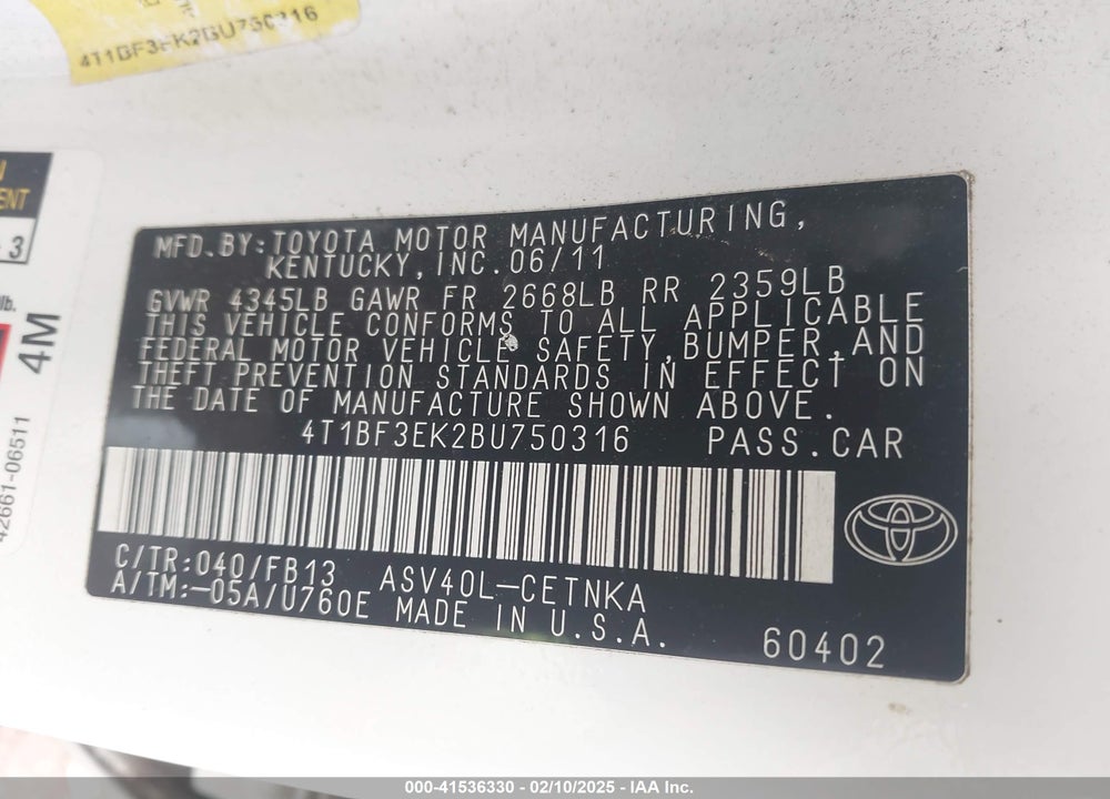2011 TOYOTA CAMRY LE VIN: 4T1BF3EK2BU750316