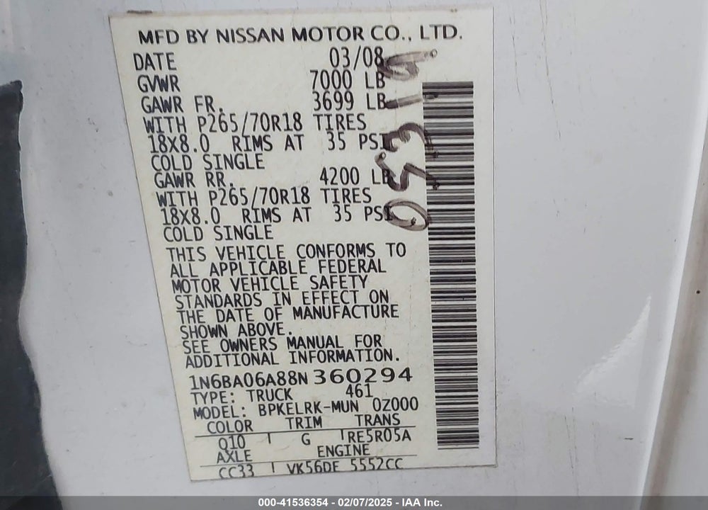 2008 NISSAN TITAN VIN: 1N6BA06A88N360294