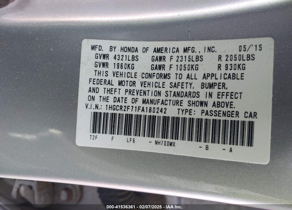 2015 HONDA ACCORD VIN: 1HGCR2F71FA180242