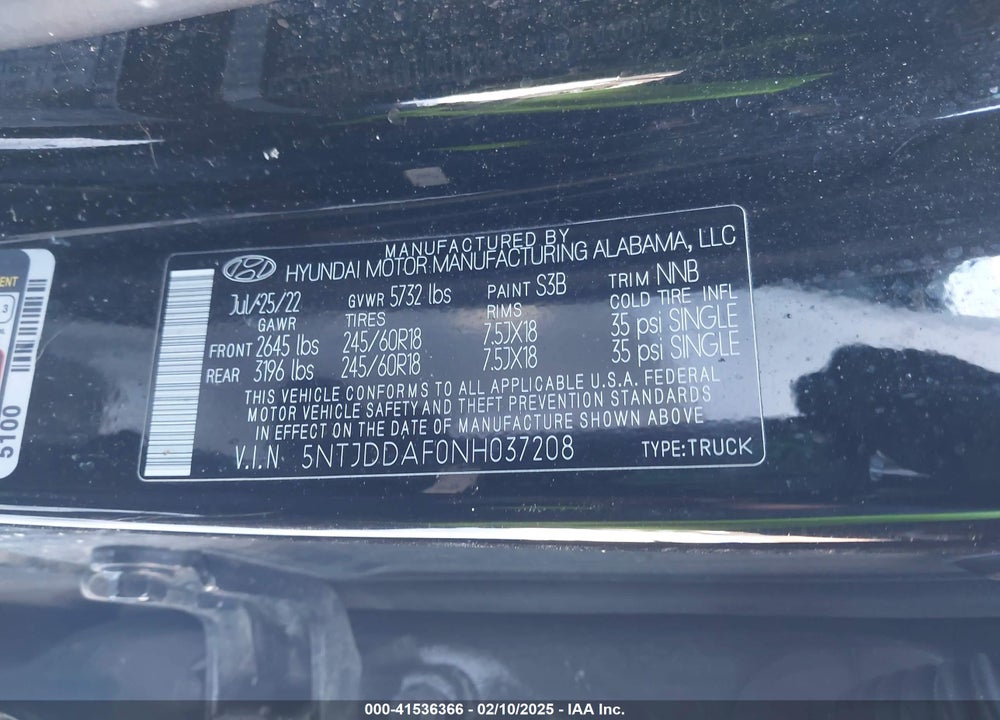 2022 HYUNDAI SANTA CRUZ VIN: 5NTJDDAF0NH037208