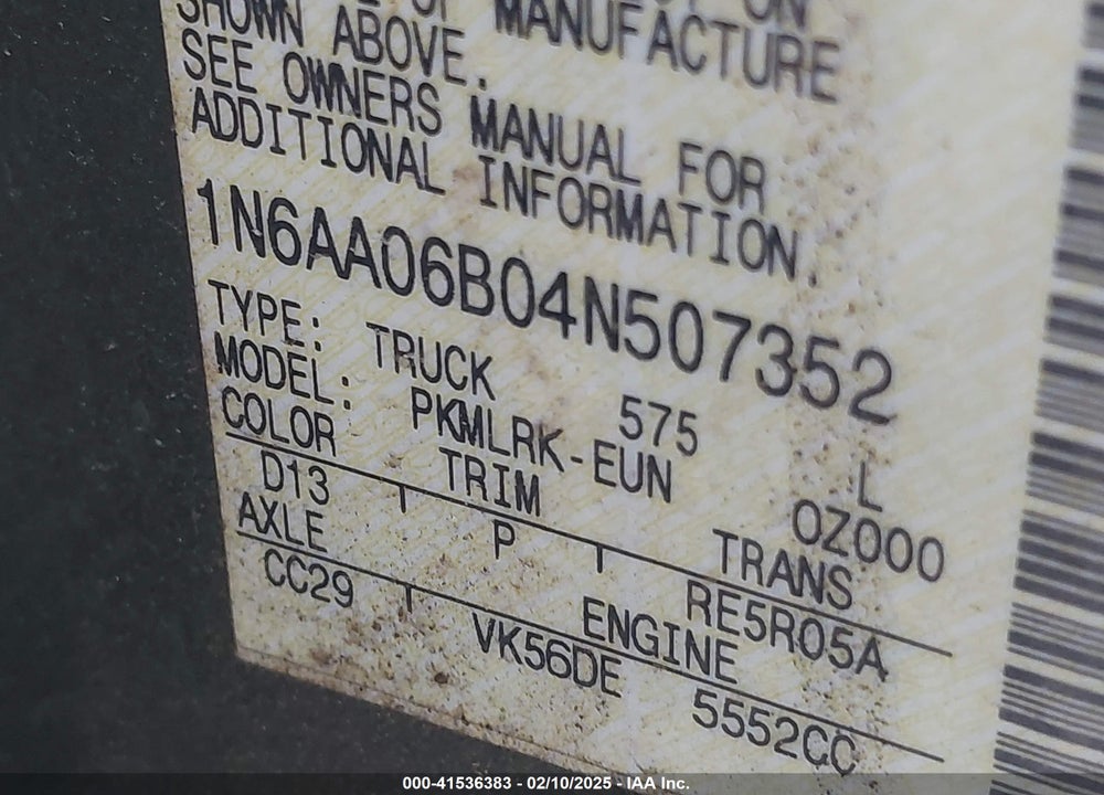 2004 NISSAN TITAN XE VIN: 1N6AA06B04N507352