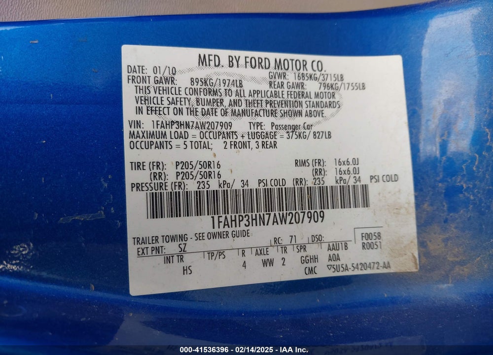 2010 FORD FOCUS SEL VIN: 1FAHP3HN7AW207909