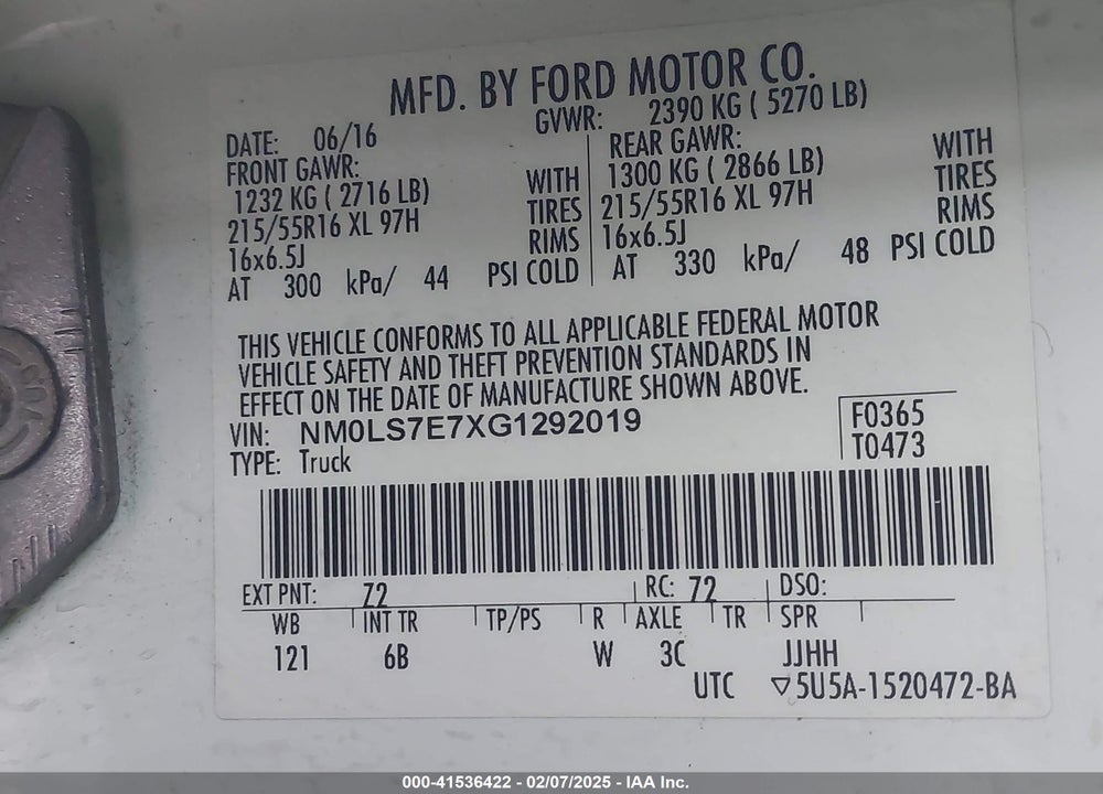 2016 FORD TRANSIT CONNECT XL VIN: NM0LS7E7XG1292019