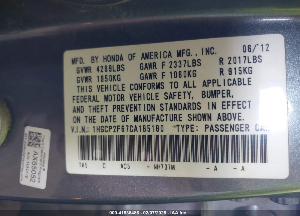 2012 HONDA ACCORD VIN: 1HGCP2F67CA185180