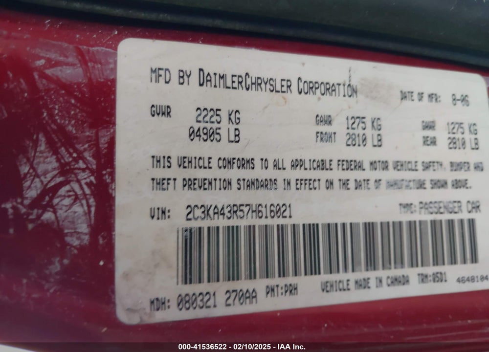 2007 CHRYSLER 300 VIN: 2C3KA43R57H616021