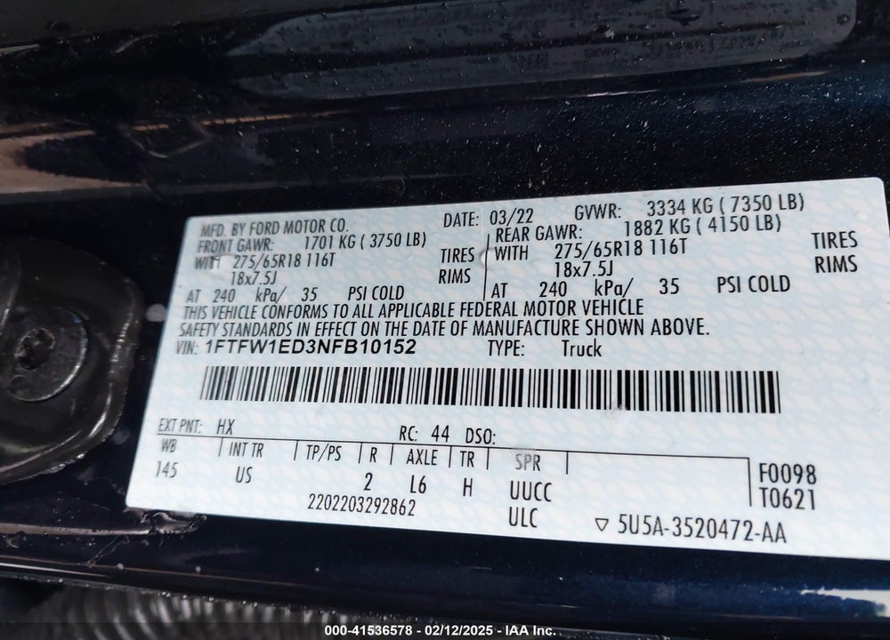 2022 FORD F150 VIN: 1FTFW1ED3NFB10152