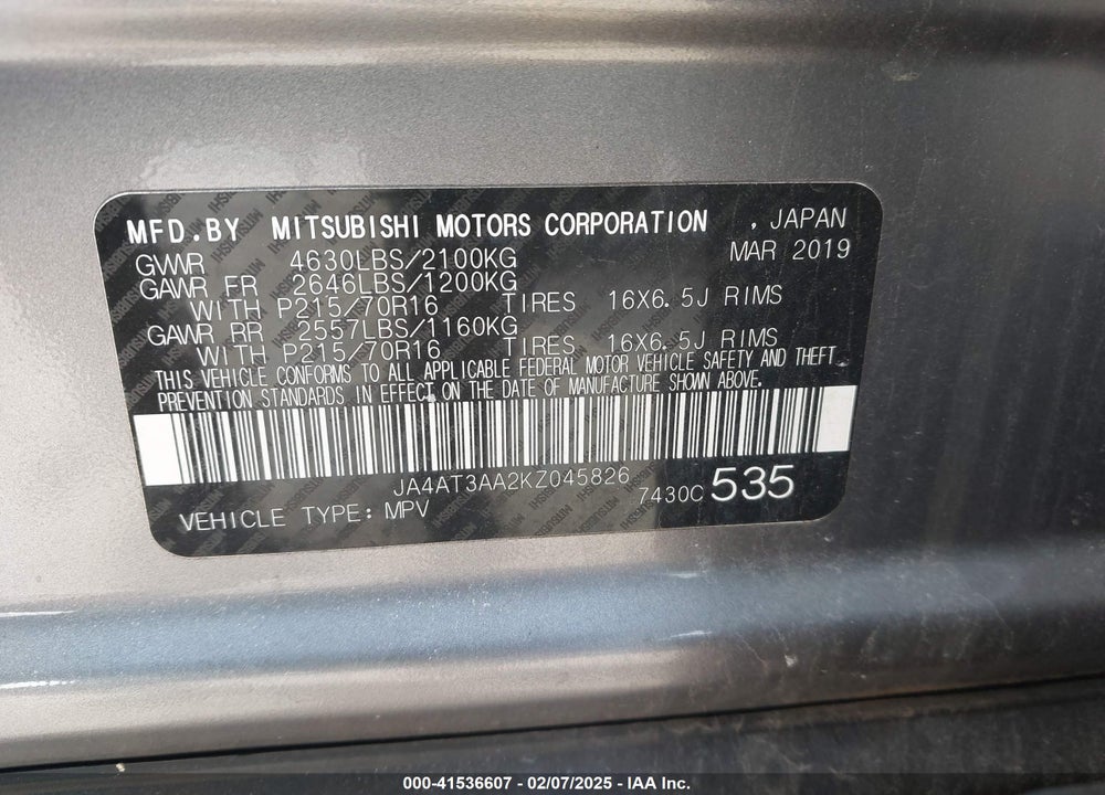 2019 MITSUBISHI ECLIPSE CROSS VIN: JA4AT3AA2KZ045826