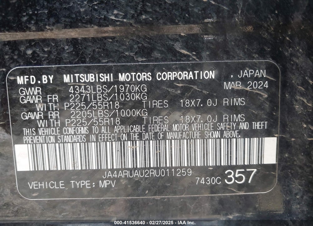 2024 MITSUBISHI OUTLANDER SPORT VIN: JA4ARUAU2RU011259