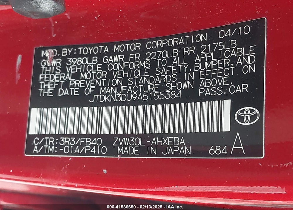 2010 TOYOTA PRIUS VIN: JTDKN3DU9A5155384