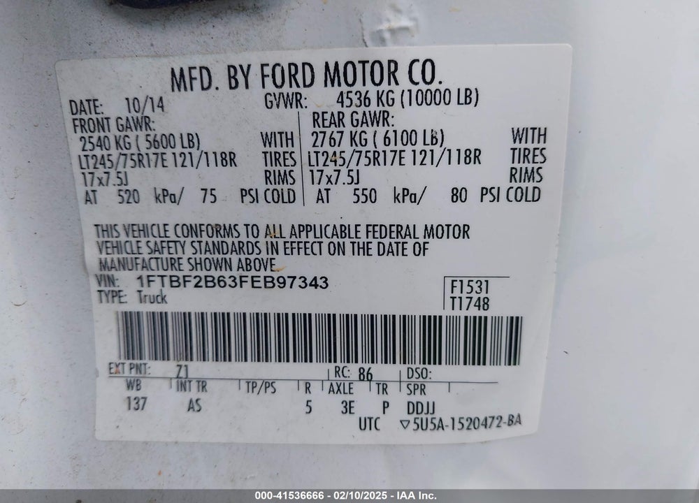 2015 FORD F250 VIN: 1FTBF2B63FEB97343