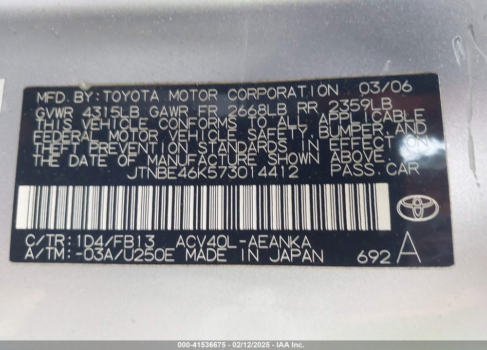 2007 TOYOTA CAMRY CE VIN: JTNBE46K573014412
