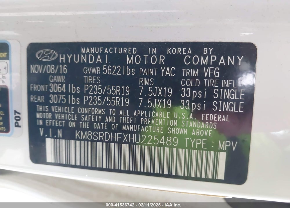 2017 HYUNDAI SANTA FE LIMITED ULTIMATE VIN: KM8SRDHFXHU225489