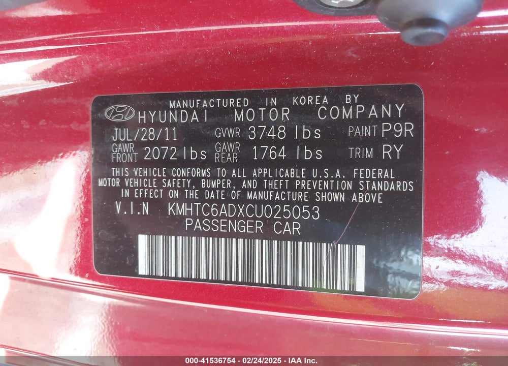 2012 HYUNDAI VELOSTER VIN: KMHTC6ADXCU025053