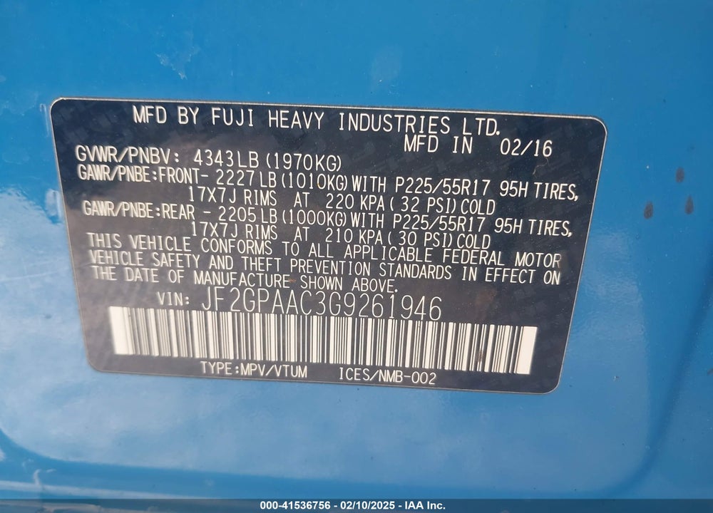 2016 SUBARU CROSSTREK 2.0I VIN: JF2GPAAC3G9261946