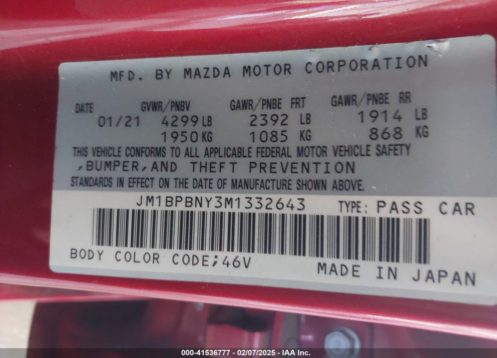 2021 MAZDA MAZDA3 HATCHBACK VIN: JM1BPBNY3M1332643