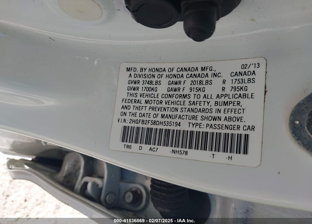 2013 HONDA CIVIC VIN: 2HGFB2F58DH535194