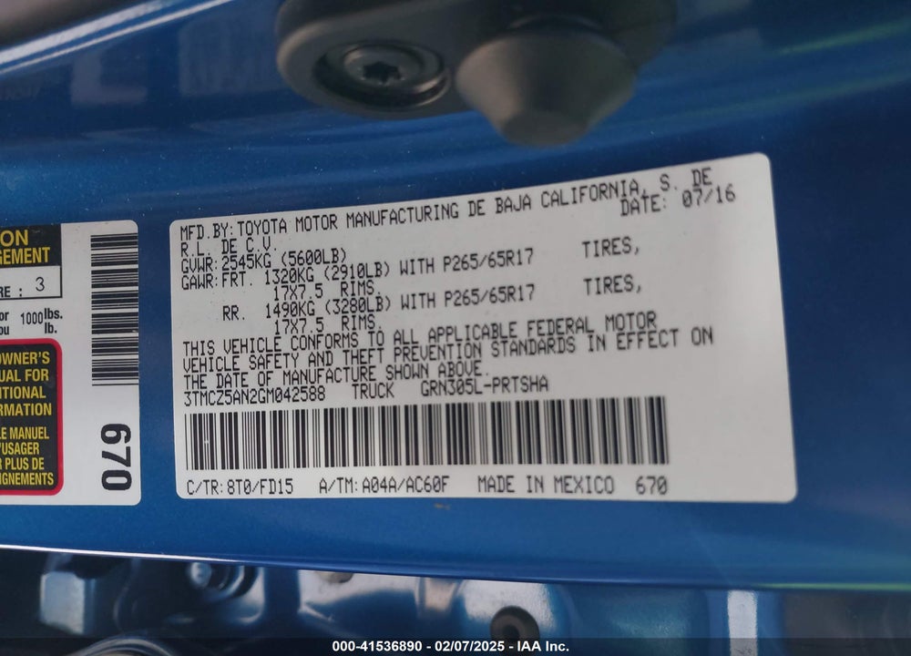 2016 TOYOTA TACOMA VIN: 3TMCZ5AN2GM042588