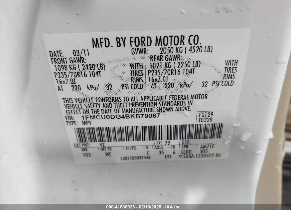 2011 FORD ESCAPE XLT VIN: 1FMCU0DG4BKB79087