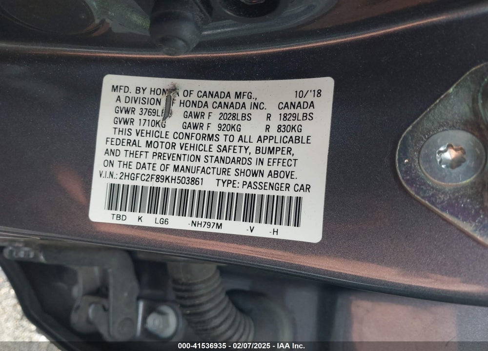 2019 HONDA CIVIC VIN: 2HGFC2F89KH503861